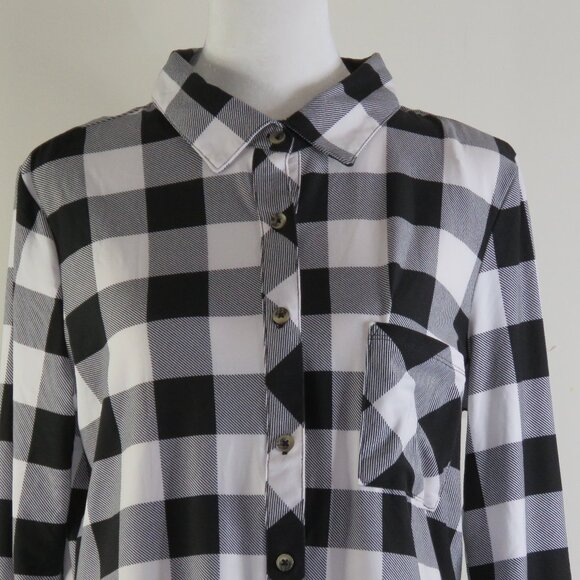 NWT No Comment Black & White Checkered Adjustable-Sleeves Button-Up Top Size L - Picture 1 of 9